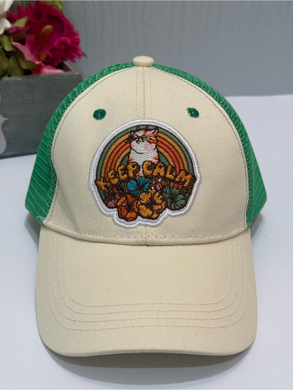 Cat Lady 70s Style Keep Calm Mesh Trucker Hat Cap Green Cream SnapBack Cotton